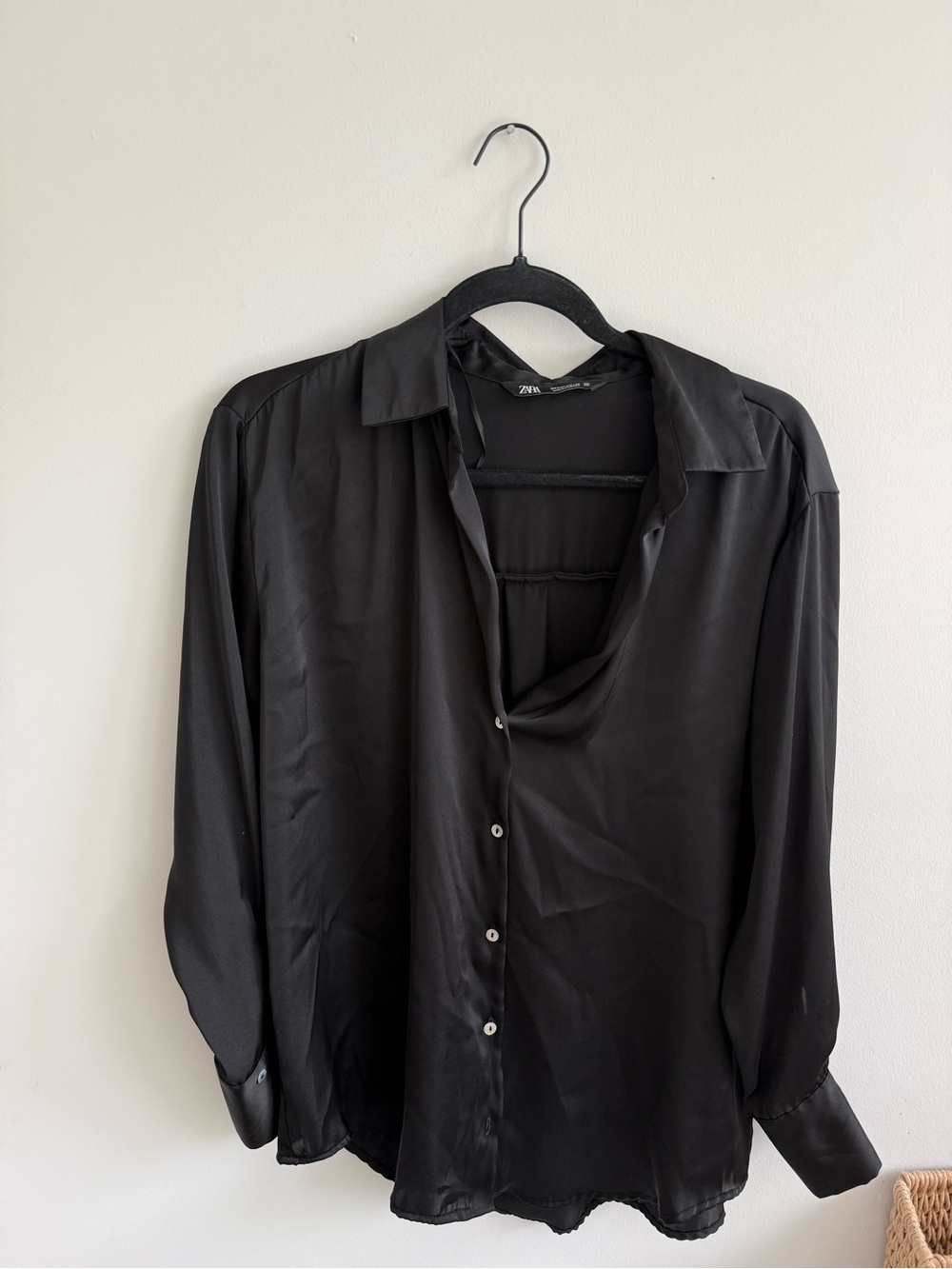 Zara Black Satin Button-Down Shirt